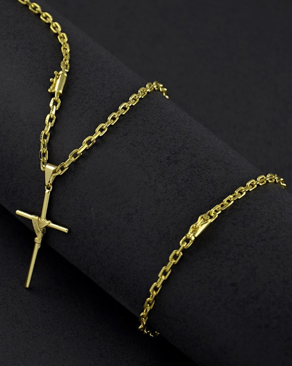 Corrente e Pulseira de Moeda Antiga Cadeado + Pingente Cruz Palito Corrente e Pulseira de Moeda Antiga Cadeado Pingente Cruz Palito | Joias Douradas