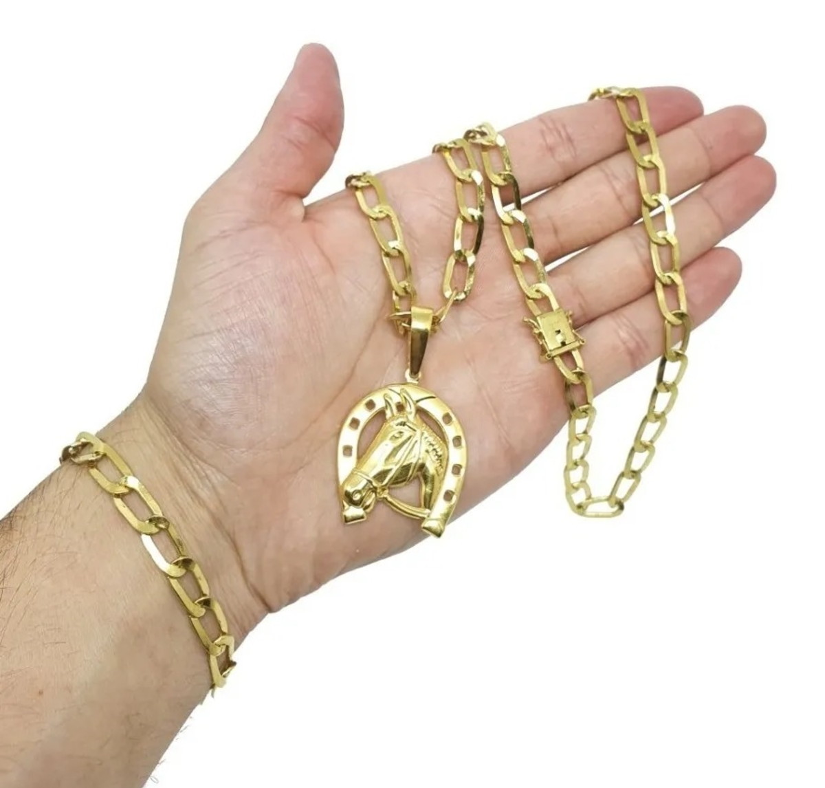 Corrente e Pulseira de Moeda Antiga Laminada + Pingente Ferradura Corrente e Pulseira de Moeda Antiga Laminada Pingente Ferradura | Joias Douradas