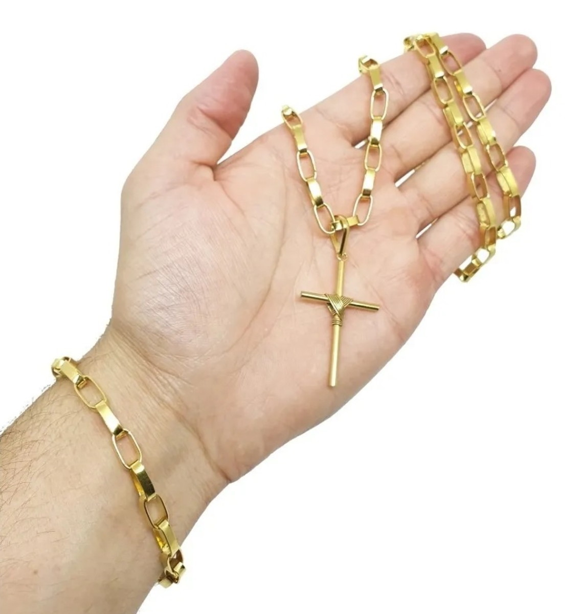 Corrente e Pulseira de Moeda Antiga Tijolinho + Cruz Palito Corrente e Pulseira de Moeda Antiga Tijolinho Cruz Palito | Joias Douradas