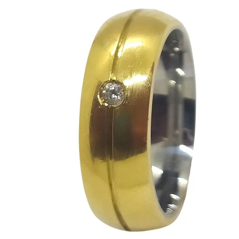 Aliança de Moeda com forro de Aço 6mm Anatômica Abaulada com 1friso e 1 pedra Alianca de Moeda com forro de Aco 6mm Anatomica Abaulada com 1friso e 1 pedra | Joias Douradas