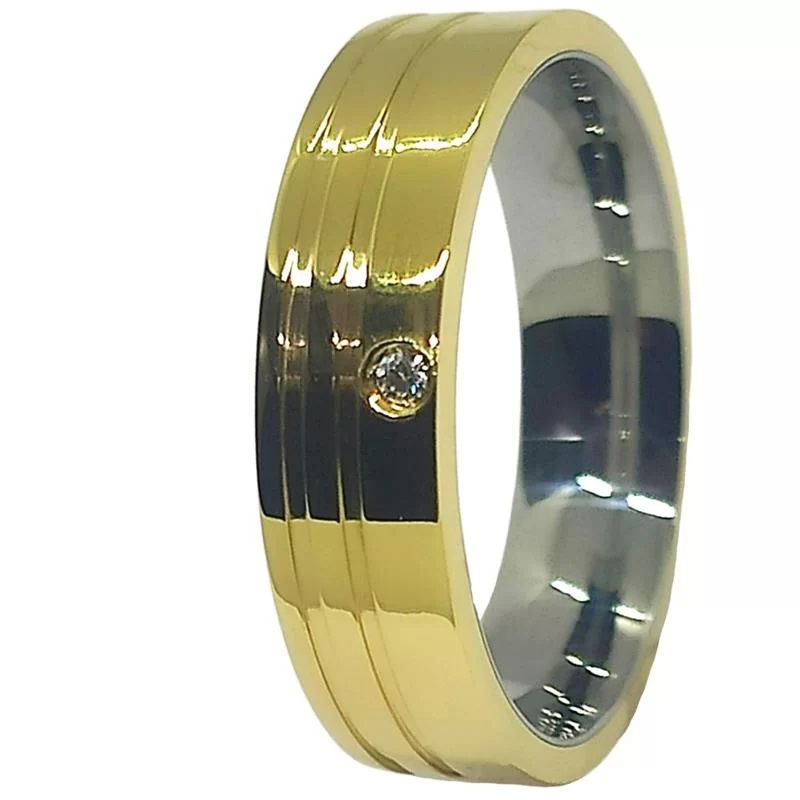 Aliança de Moeda com forro de Aço 6mm Anatômica quadrada com dois Frisos e uma pedra Alianca de Moeda com forro de Aco 6mm Anatomica quadrada com dois Frisos e uma pedra | Joias Douradas