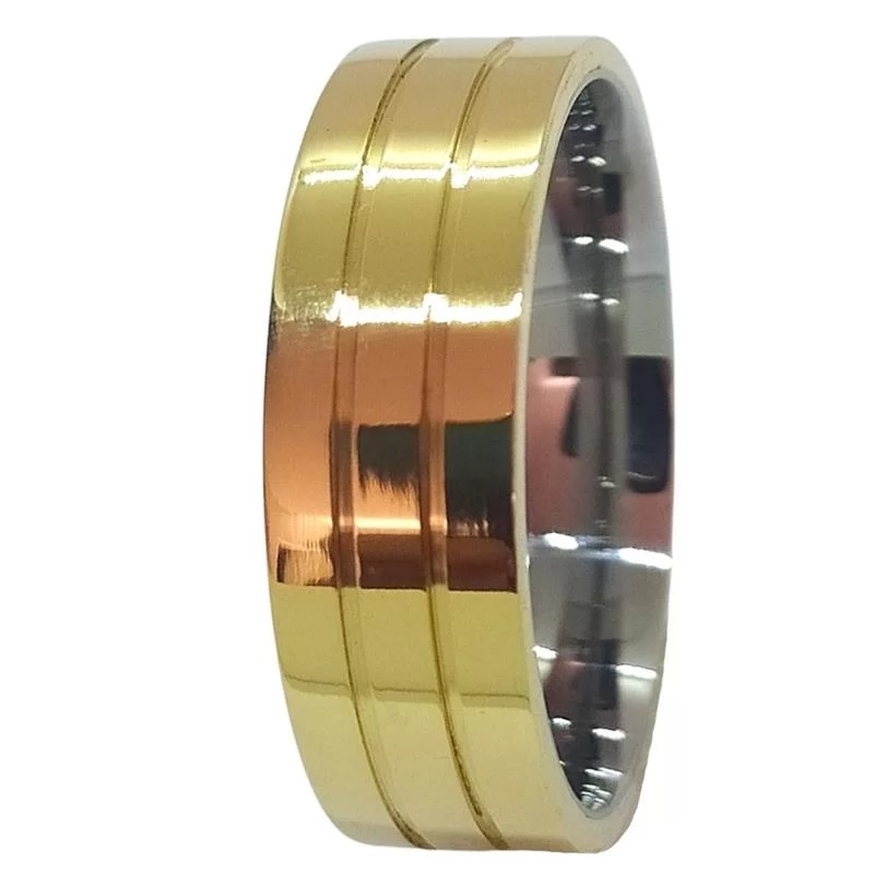 Aliança de Moeda com forro de Aço 7mm Anatômica Quadrada com 2 frisos Alianca de Moeda com forro de Aco 7mm Anatomica Quadrada com 2 frisos | Joias Douradas