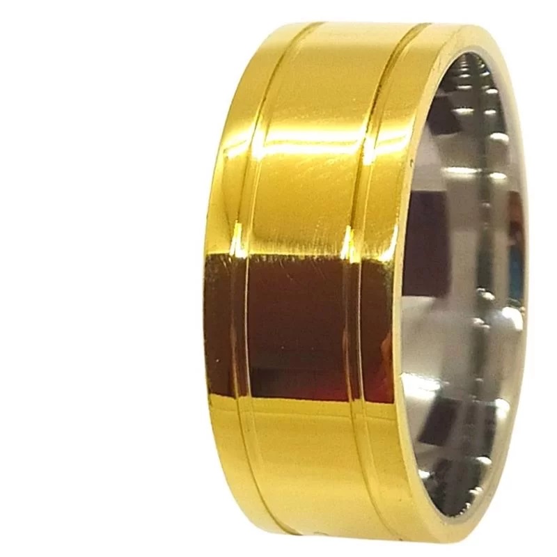 Aliança de Moeda com forro de Aço 8mm Anatômica Quadrada Rebaixada com 1 friso Alianca de Moeda com forro de Aco 8mm Anatomica Quadrada Rebaixada com 1 friso | Joias Douradas