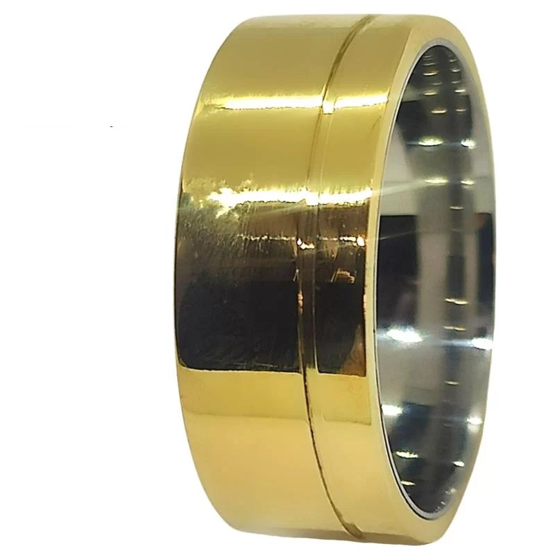 Aliança de Moeda com forro de Aço 8mm Anatômica Quadrada com 1 friso lateral Alianca de Moeda com forro de Aco 8mm Anatomica Quadrada com 1 friso lateral | Joias Douradas