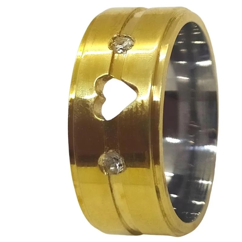 Aliança de Moeda com forro de Aço 8mm Anatômica rebaixada com coração e duas pedras Alianca de Moeda com forro de Aco 8mm Anatomica rebaixada com coracao e duas pedras | Joias Douradas