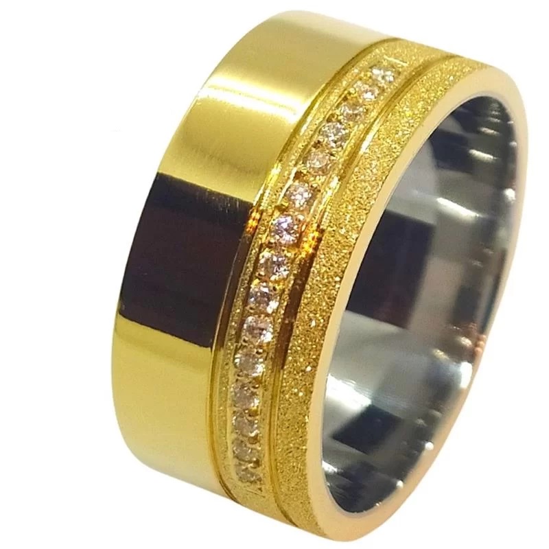 Aliança de Moeda com forro de Aço lateral diamantada 15 pedras 2 frisos Alianca de Moeda com forro de Aco lateral diamantada 15 pedras 2 frisos | Joias Douradas
