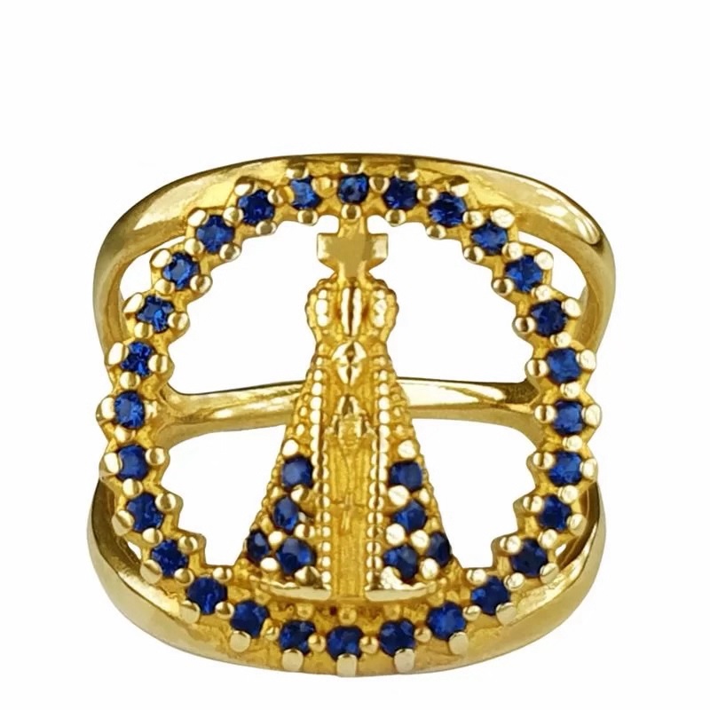 Anel de Moeda Antiga Nossa Senhora Aparecida com 36 Pedras muda cor laterais Anel de Moeda Antiga Nossa Senhora Aparecida com 36 Pedras muda cor laterais | Joias Douradas